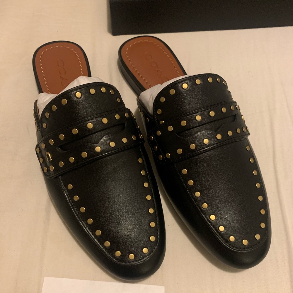 Coach Gold Studded Faye Loafer Slides Mules Black